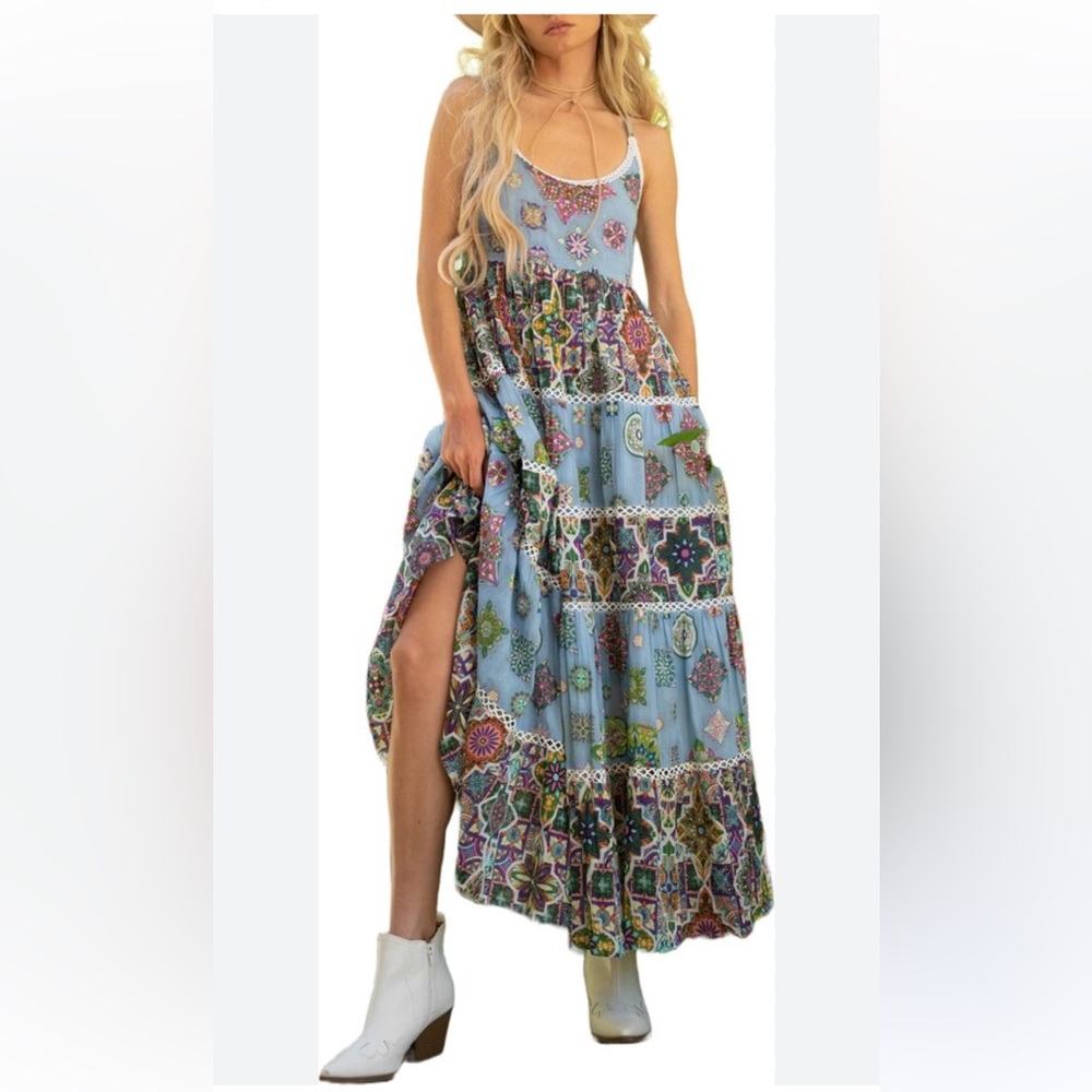 BAROK PARIS NWT Mixed Print Tiered Tank Maxi Dress Women’s Medium Blue Floral